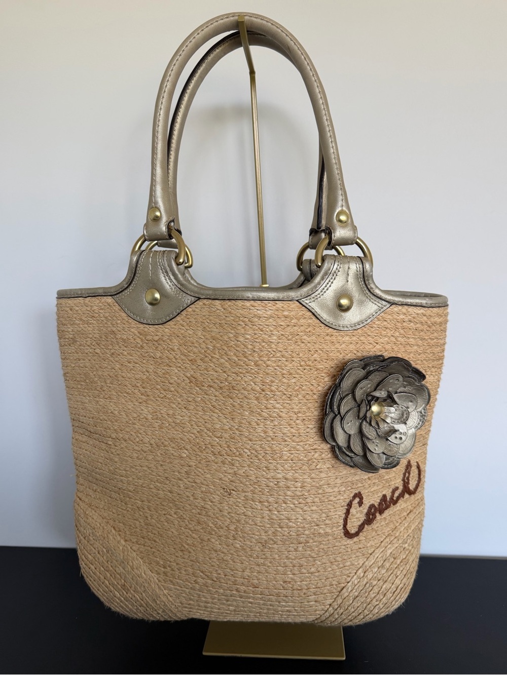 Coach Bleecker Straw Floral Tote F13373 Metallic Leather Flower